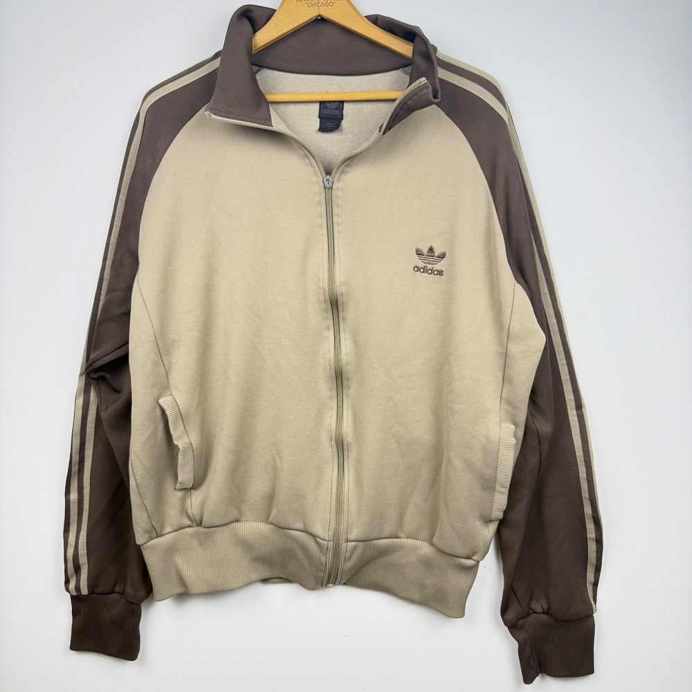 Adidas Originals Mens XL Track Jacket Tan Brown Trefoil Three Stripe Full Zip
